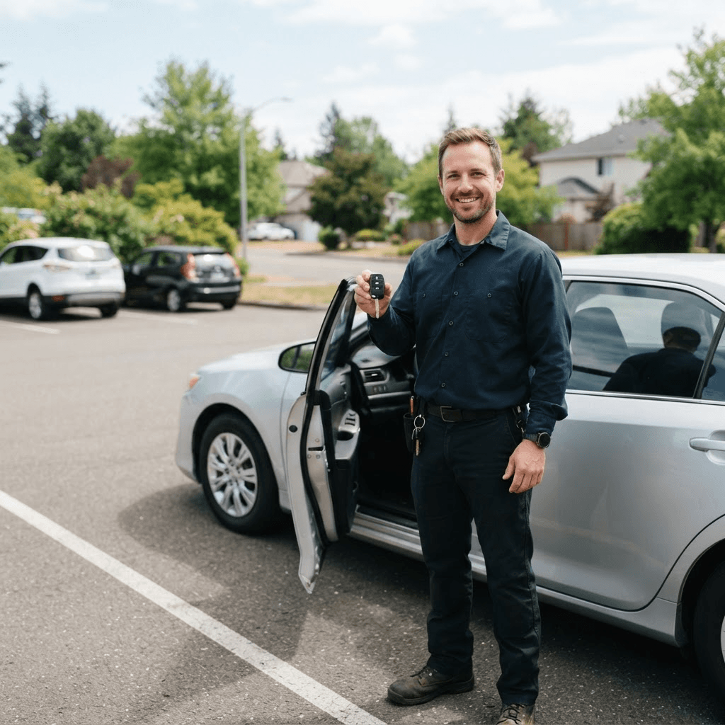 Locksmith holding a newly cut replacement car key beside a vehicle
