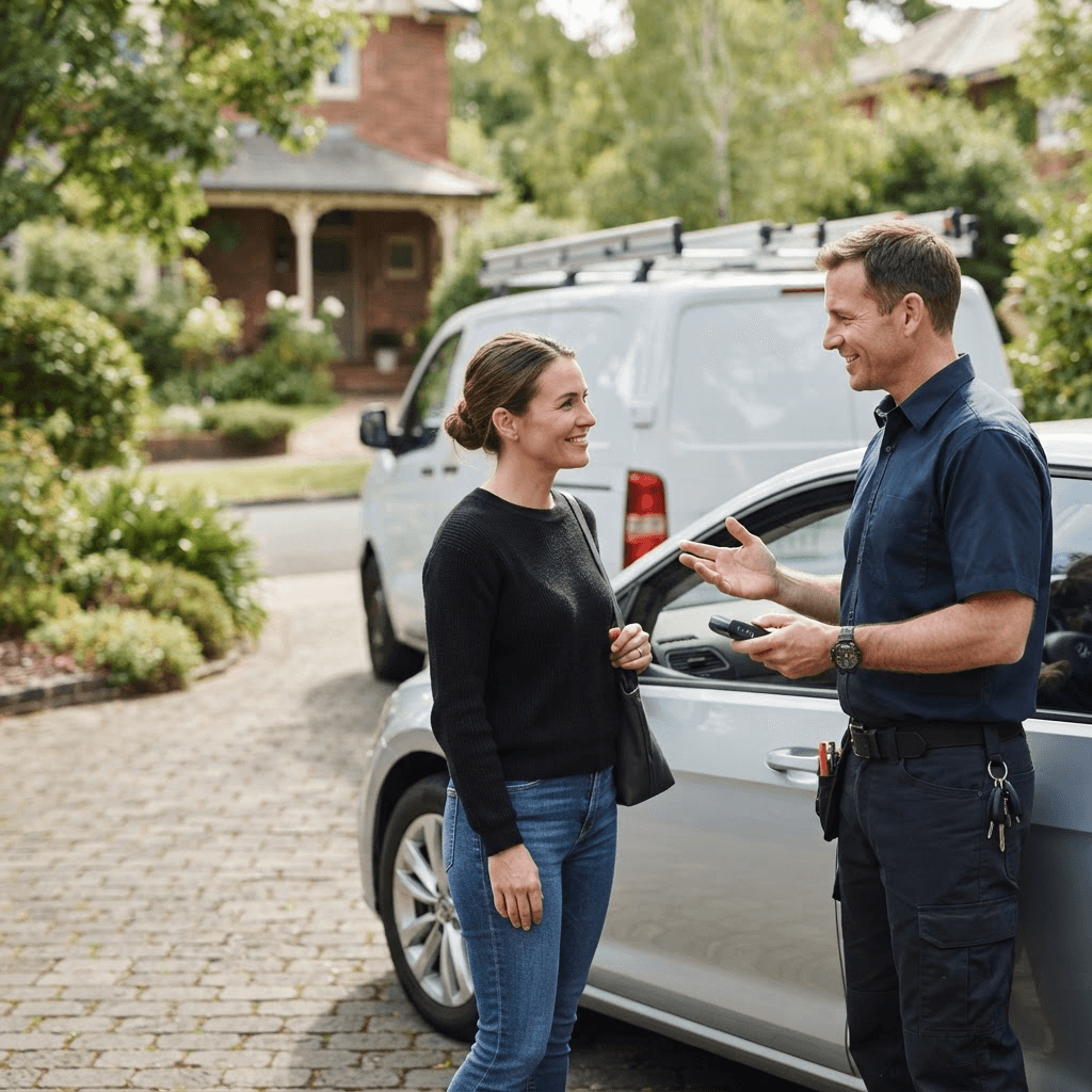 Mobile locksmith technician speaking with a customer beside a vehicle