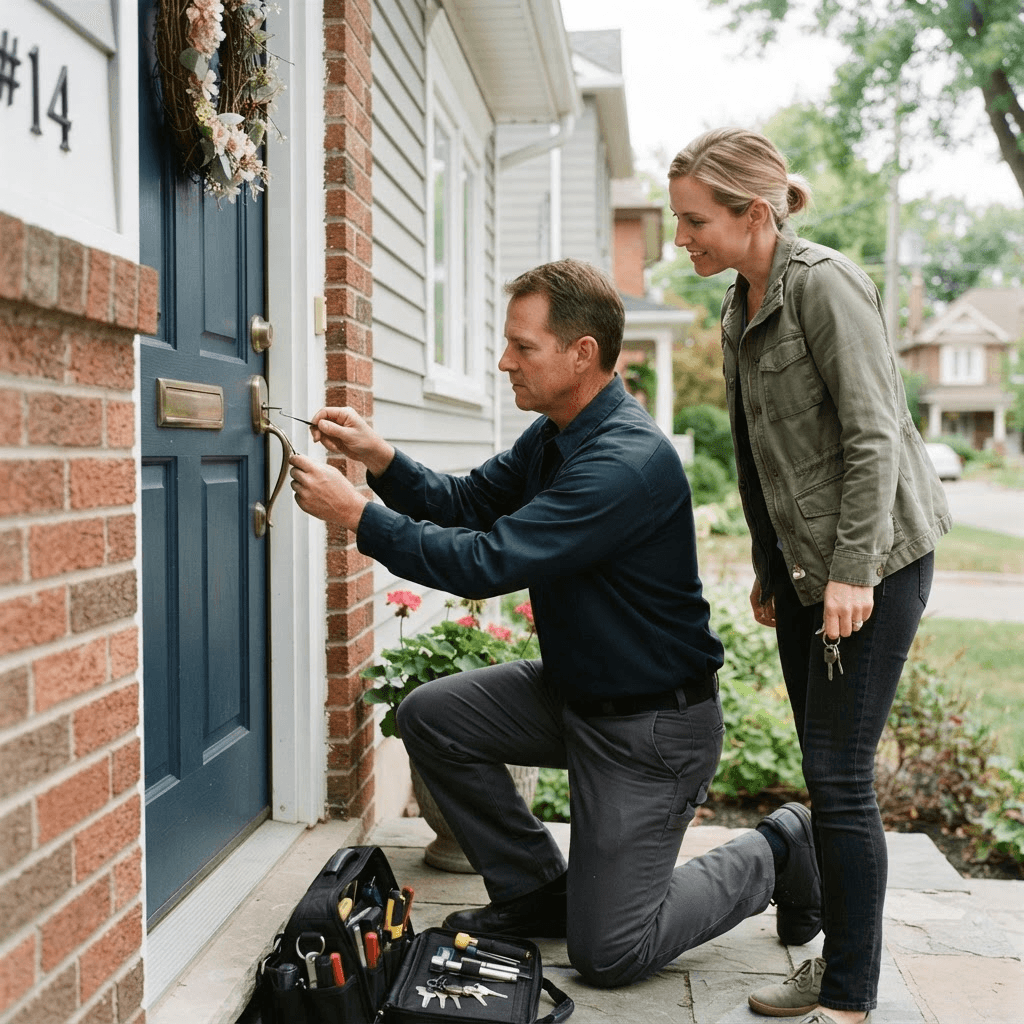 Locksmith helping at a residential front door
