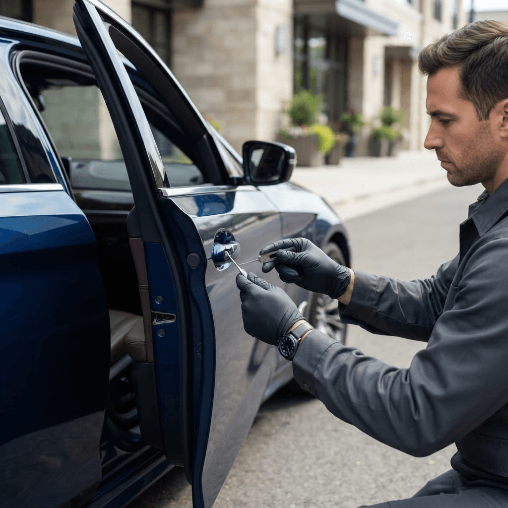 Mobile locksmith technician arriving at a vehicle