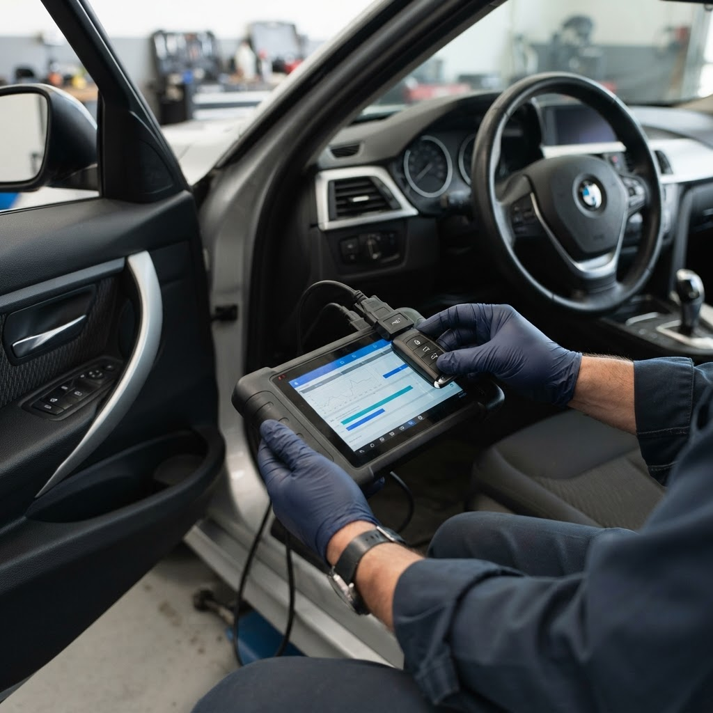 Automotive locksmith assisting beside a vehicle