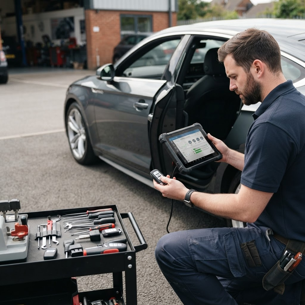 Locksmith programming a car key with diagnostic equipment