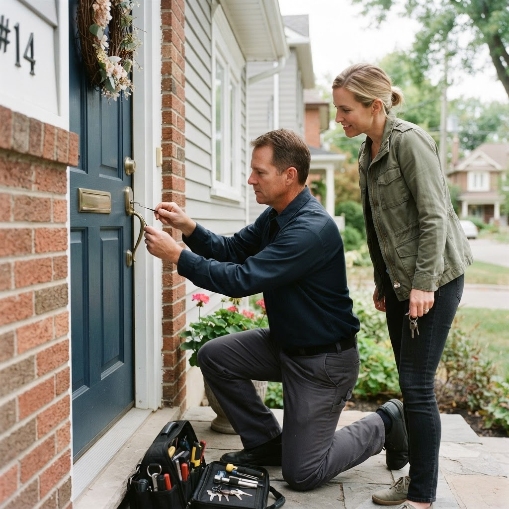 Locksmith helping at a residential front door