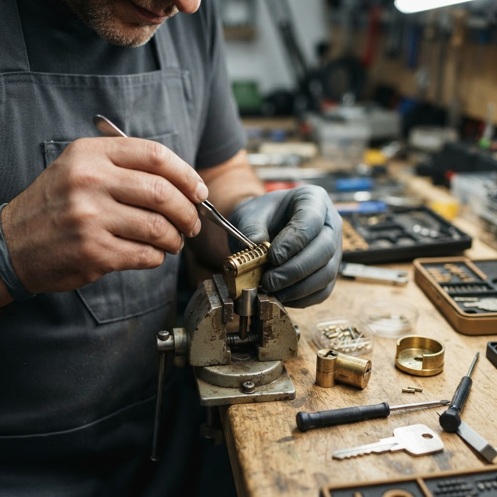 Close-up of lock cylinder rekeying work