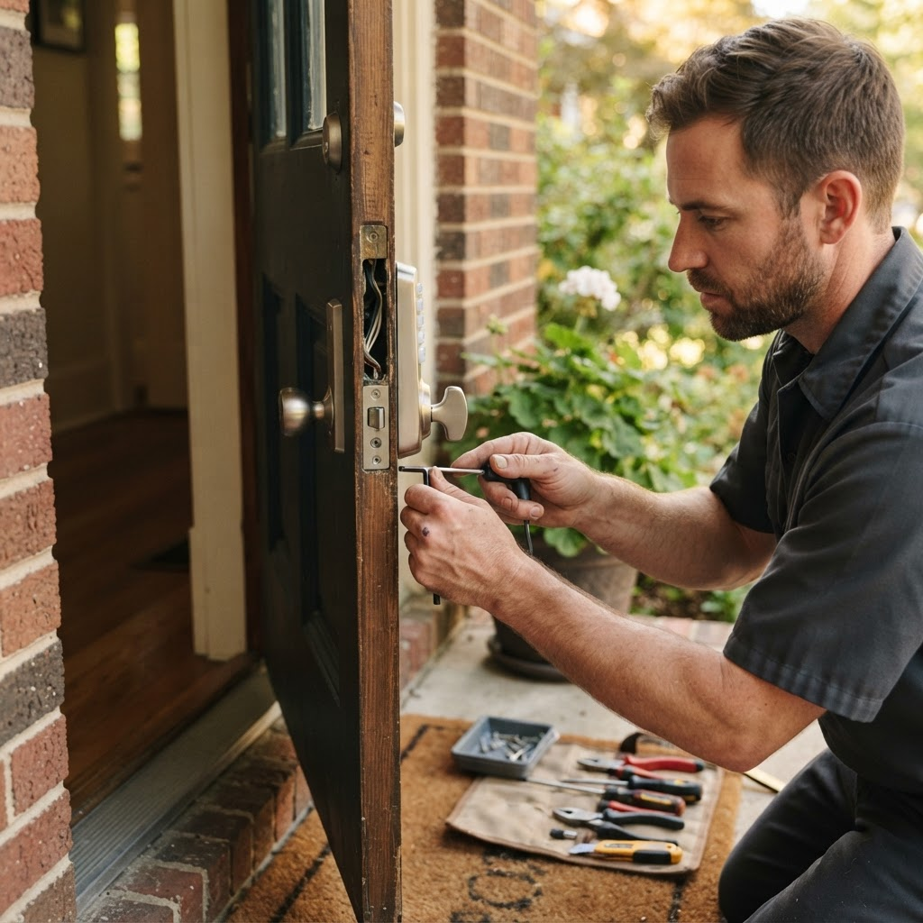 Technician installing residential deadbolt hardware