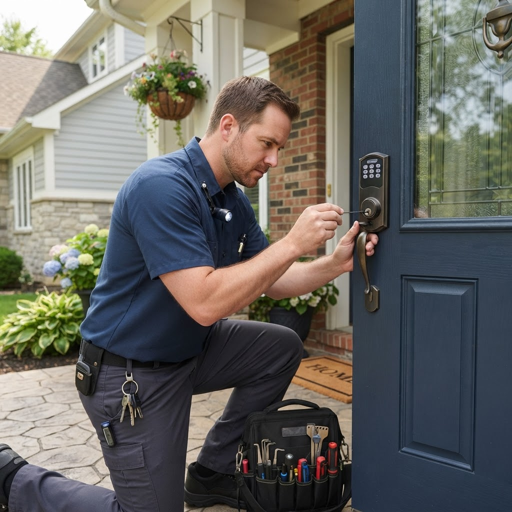 Residential locksmith working at a front door
